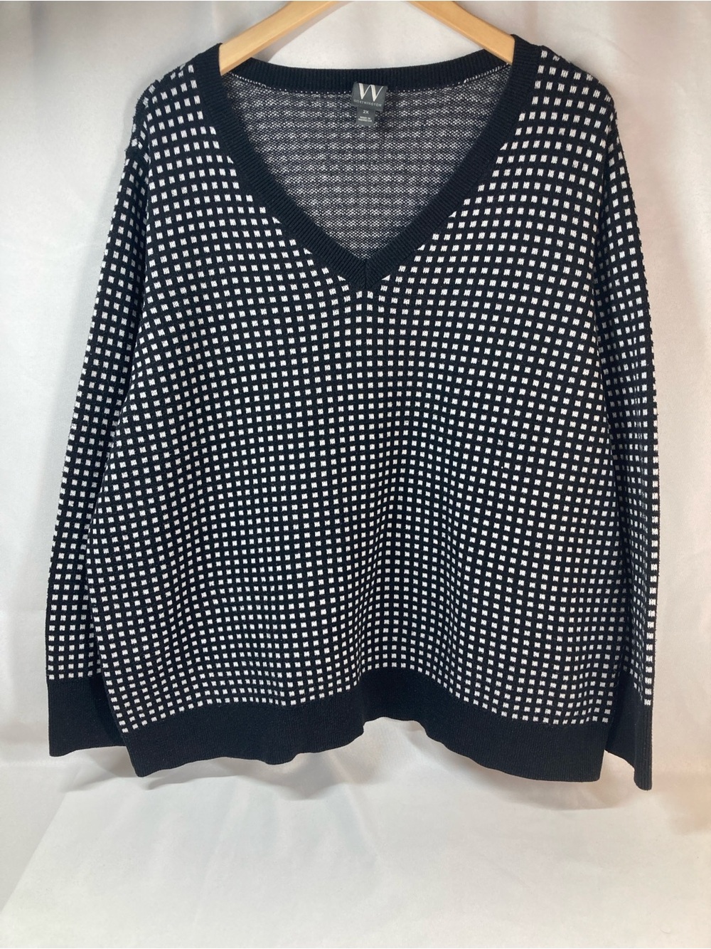 Worthington Black & White V-Neck Grid Sweater Womens Size 2X